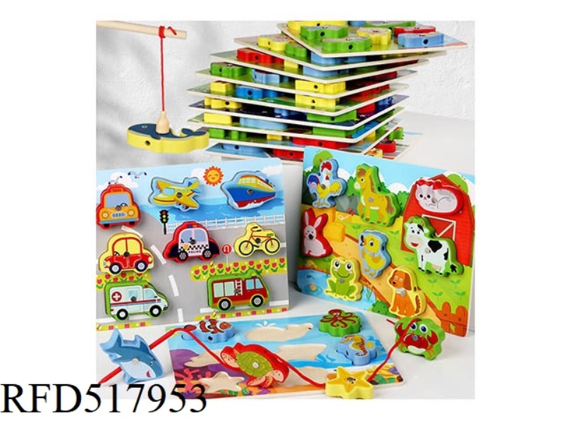 WOODEN 3-IN-1 ROPING FISHING SCENE PUZZLE 12 PIECES RANDOM