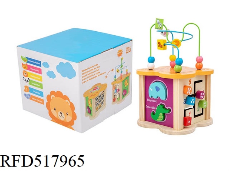 WOODEN SIX IN ONE ROUND BEAD GAME BOX
