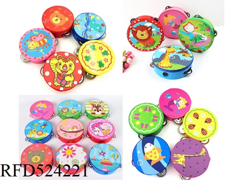 WOODEN CARTOON ANIMAL RATTLES A TAMBOURINE