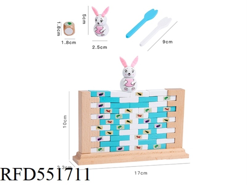 LITTLE WOODEN RABBIT PUSHING BRICKS