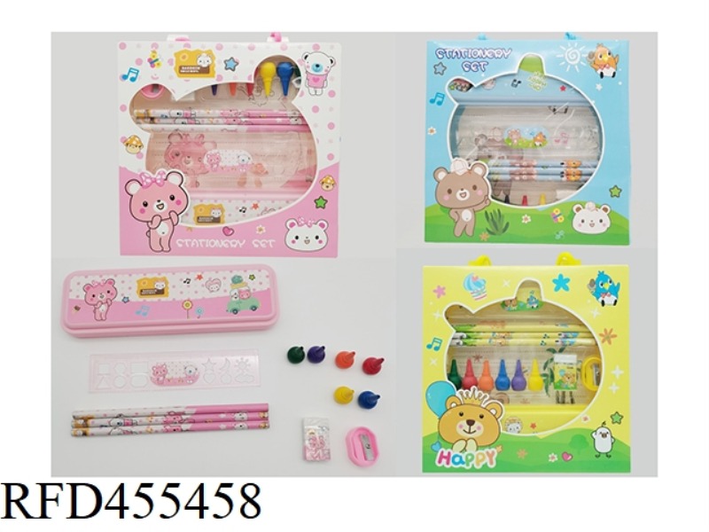 STATIONERY SET (PLASTIC PEN BOX + CRAYONS) BEAR (THREE COLORS RANDOM)