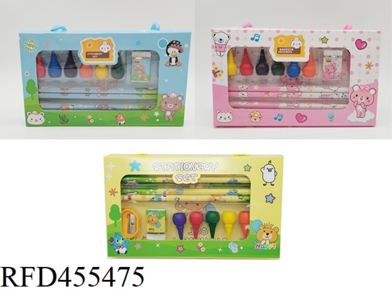 STATIONERY SET (WITH NOTEBOOK) PENCIL + CRAYON + ERASER + PENCIL SHARPENER BEAR (THREE COLORS RANDOM
