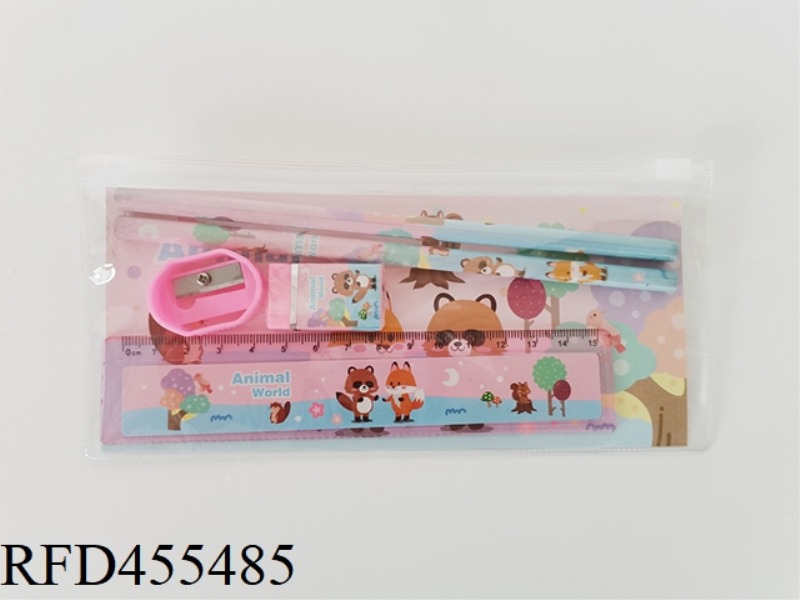 ZIPPER PENCIL CASE STATIONERY SET (2 PENCILS + 1 PENCIL SHARPENER + 1 ERASER + 1 RULER) FOREST WORLD