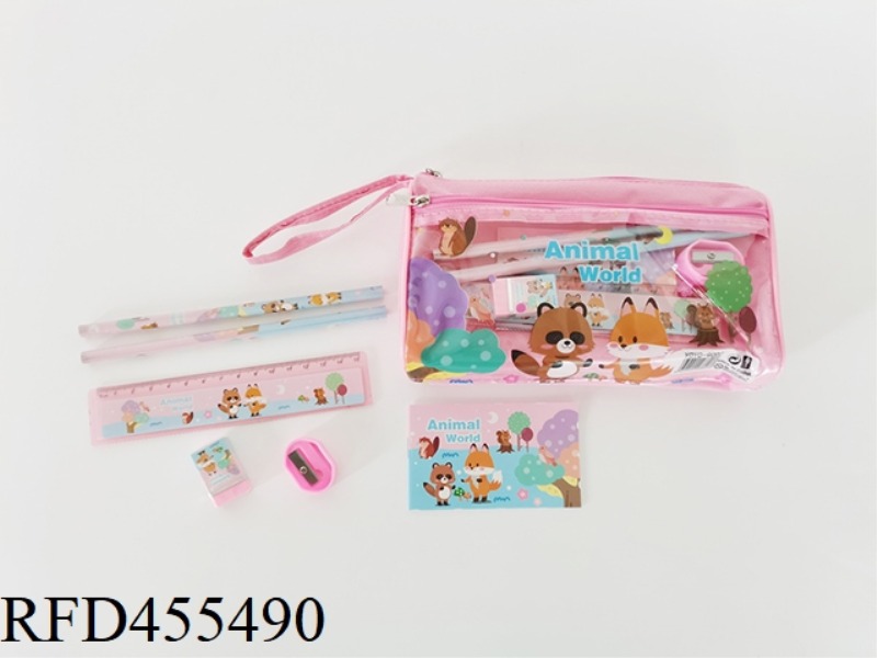 DOUBLE ZIPPER PENCIL CASE STATIONERY SET (2 PENCILS + 1 PENCIL SHARPENER + 1 ERASER + 1 RULER + 1 BO