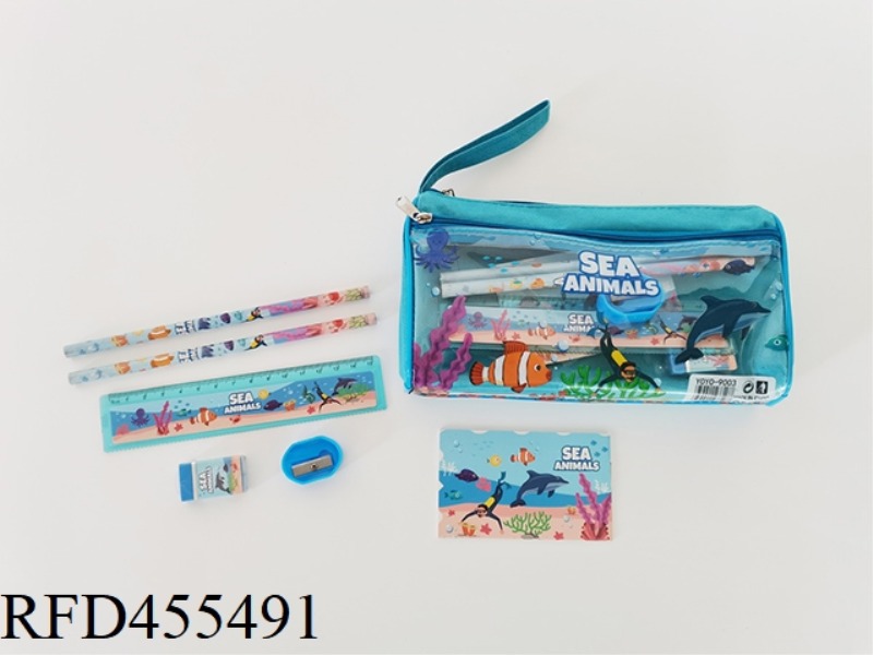 DOUBLE ZIPPER PENCIL CASE STATIONERY SET (2 PENCILS + 1 PENCIL SHARPENER + 1 ERASER + 1 RULER + 1 BO