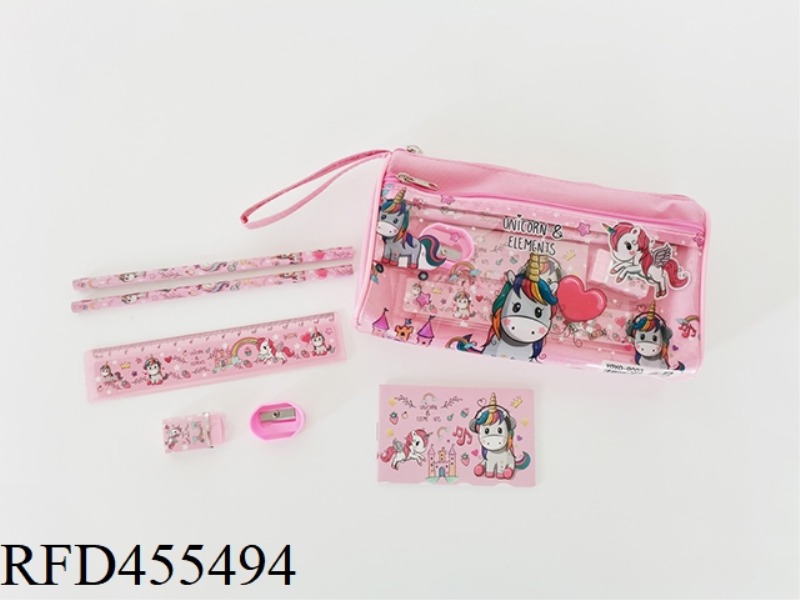 DOUBLE ZIPPER PENCIL CASE STATIONERY SET (2 PENCILS + 1 PENCIL SHARPENER + 1 ERASER + 1 RULER + 1 BO