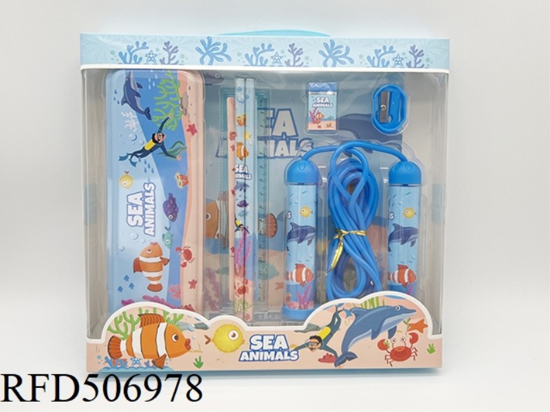 STATIONERY SET (TIN BOX + PENCIL + RULER + ERASER + PENCIL SHARPENER + JUMP ROPE) SEAWORLD