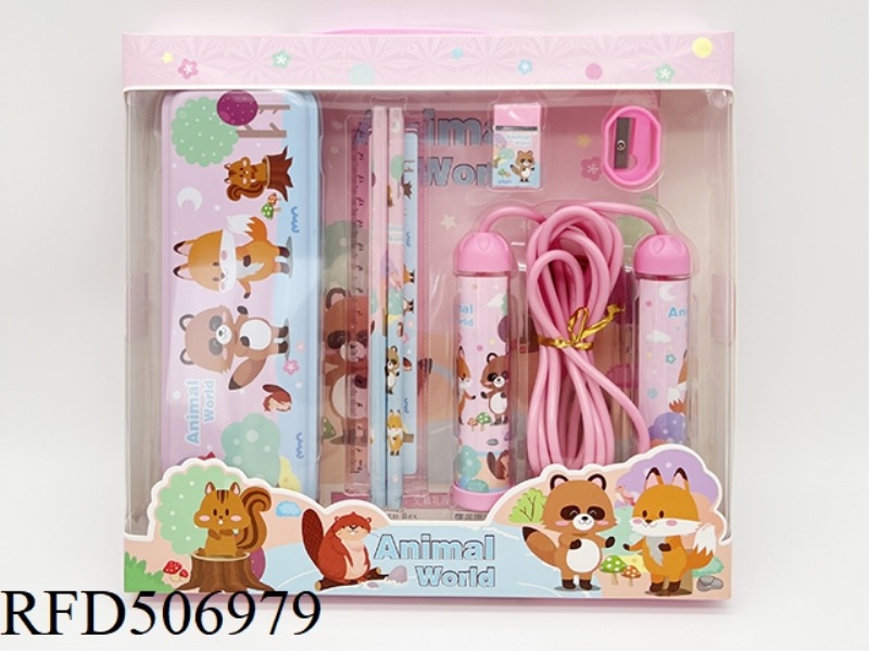 STATIONERY SET (TIN BOX + PENCIL + RULER + ERASER + PENCIL SHARPENER + JUMP ROPE) FOREST