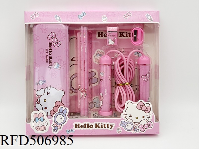 STATIONERY SET (TIN BOX + PENCIL + RULER + ERASER + PENCIL SHARPENER + SKIPPING ROPE) HELLOKITTY