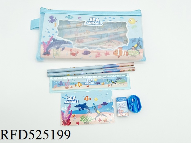 ZIP POUCH STATIONERY SET (PENCIL + RULER + BOOK + ERASER + PENCIL SHARPENER) SEAWORLD