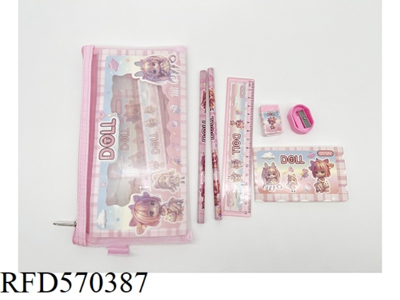 ZIPPERED BAG STATIONERY SET (PENCIL + RULER + NOTEBOOK + ERASER + PENCIL SHARPENER) GIRLS