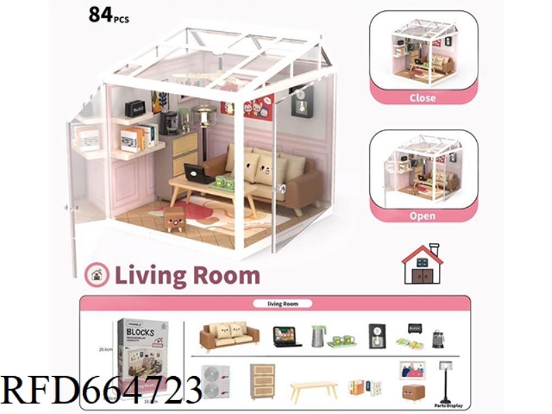 DIY SCENE ASSEMBLY AND MATCHING MINIATURE WORLD MODEL MINI LIVING ROOM WITH ROOF