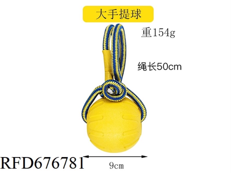 THE PET DOG HAS A BIG LEASH BALL