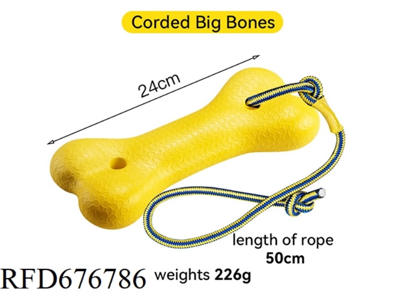 THE PET DOG IS ON A LEASH WITH A BIG BONE