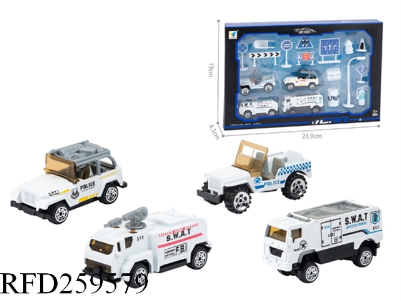 SLIDE ALLOY POLICE CAR(4PCS+ROAD SIGN,11 ASST)