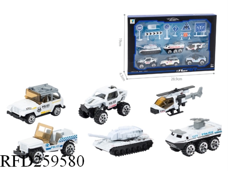 SLIDE ALLOY POLICE CAR(6PCS+ROAD SIGN,11 ASST)