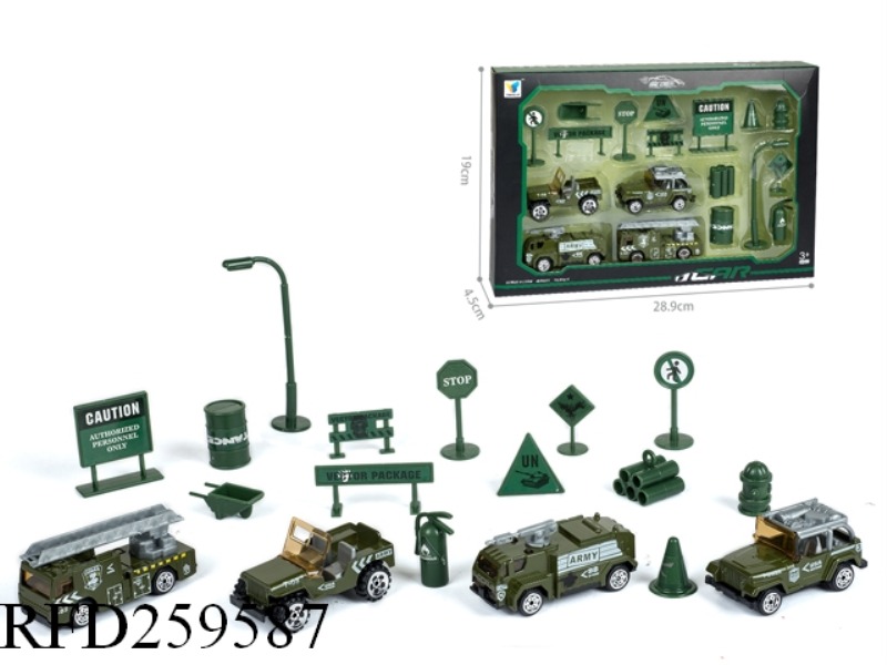 SLIDE ALLOY MILITARY CAR(4PCS+ROAD SIGN,11 ASST)
