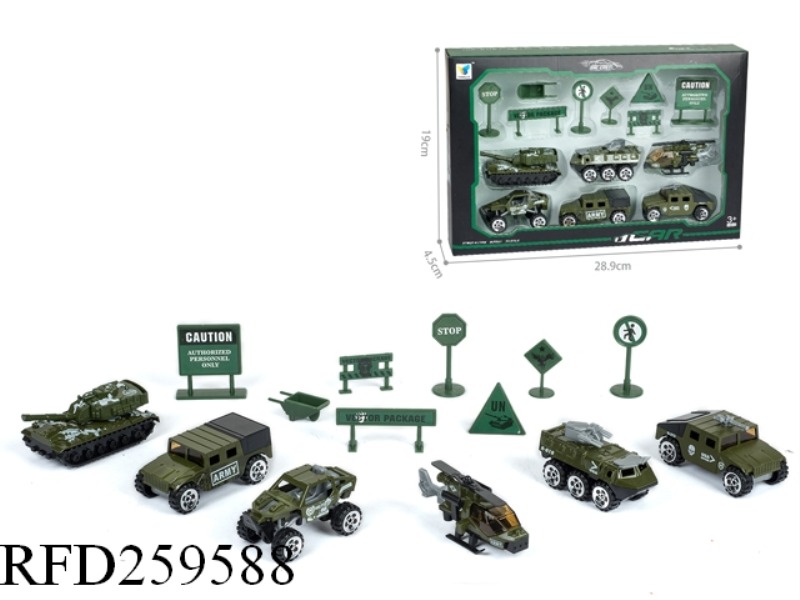 SLIDE ALLOY MILITARY CAR(6PCS+ROAD SIGN,11 ASST)