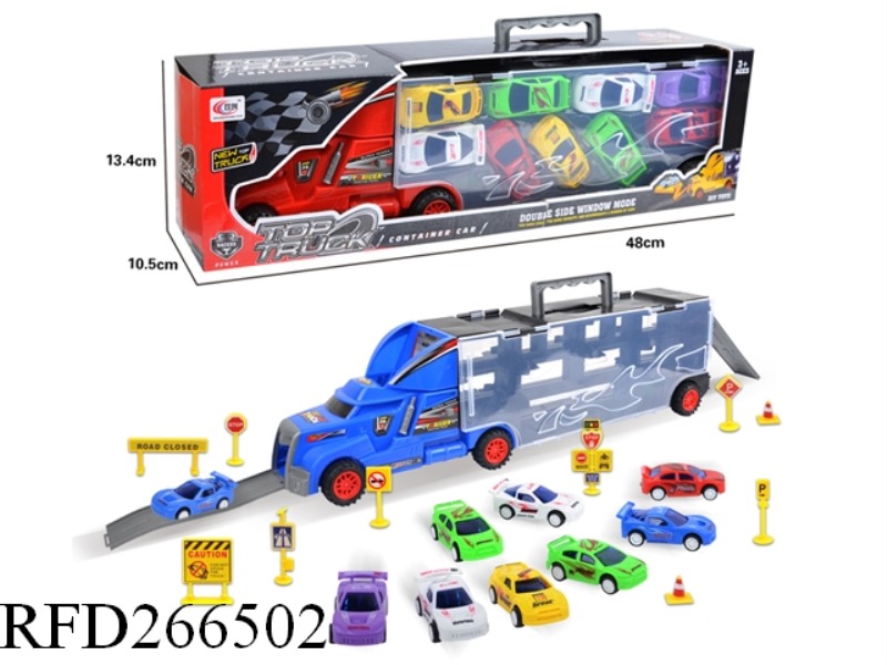 CONTAINER CAR WITH PULL BACK CAR 9PCS+ROAD SIGN 10PCS+SKATEBOARD 2PCS