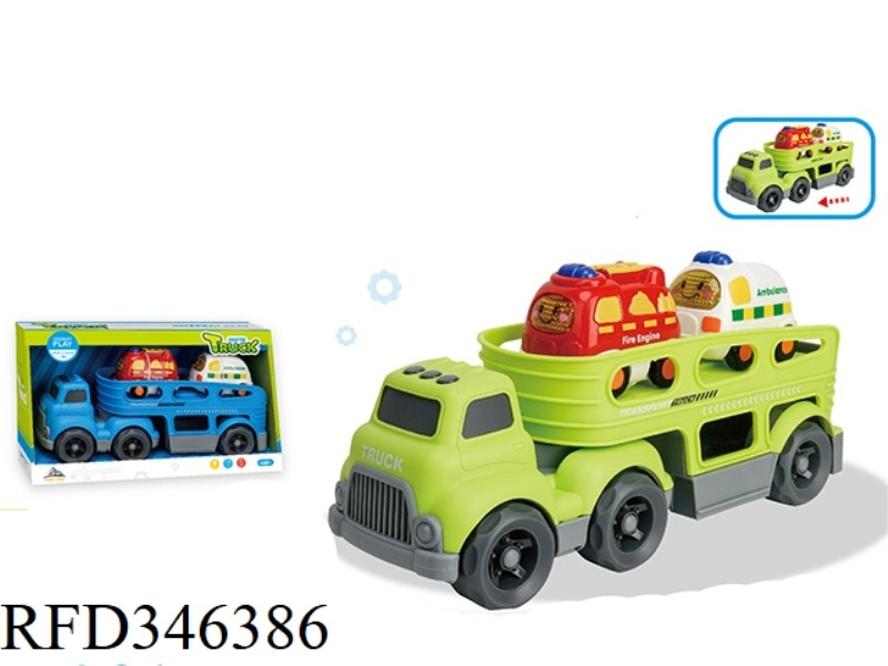 (WITH 2 SLIDING CARTOON CARS) SLIDING CARTOON TRACTOR TRANSPORT TRUCK