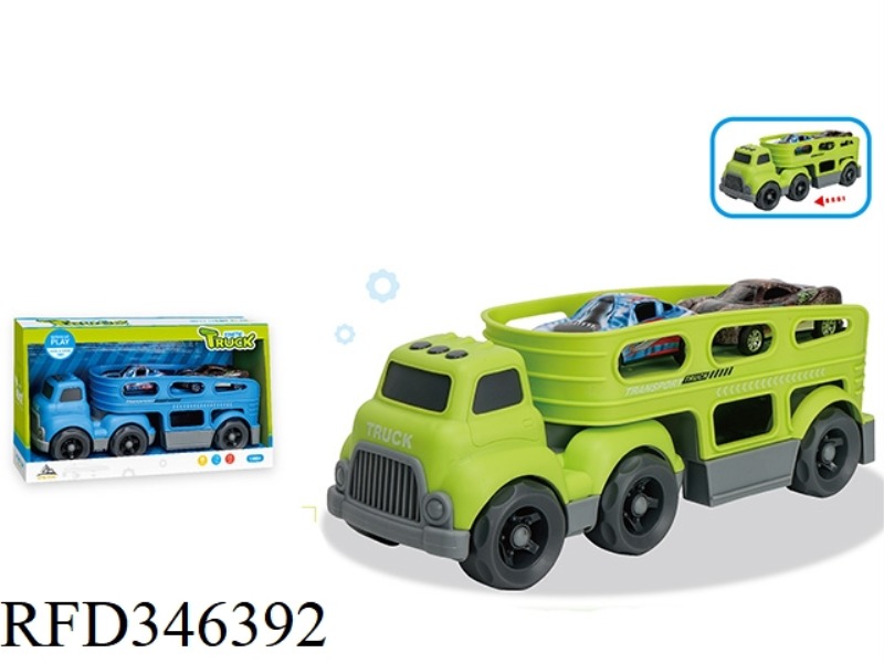 (WITH 2 PULL BACK ALLOY CARS) SLIDING CARTOON TRACTOR TRANSPORTER