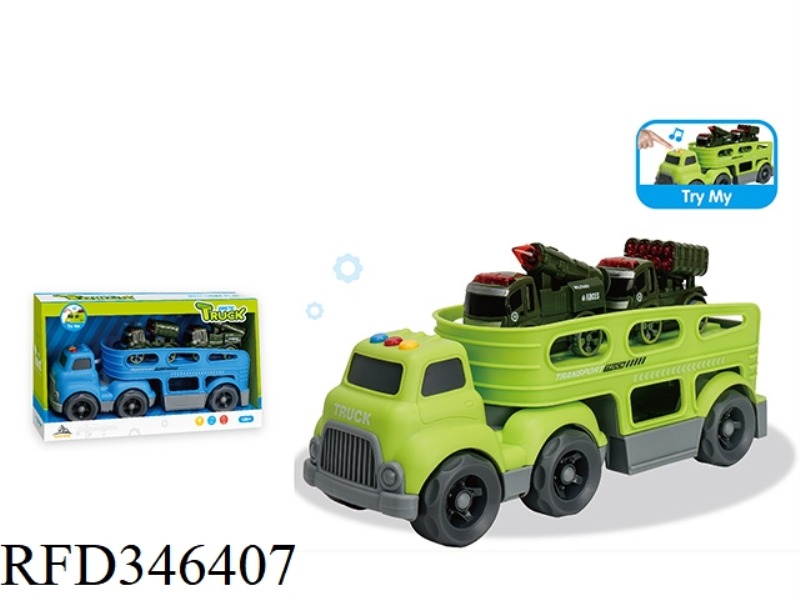 (WITH 2 INERTIAL MILITARY VEHICLES) LIGHT AND MUSIC-SLIDING CARTOON TRACTOR TRANSPORTER