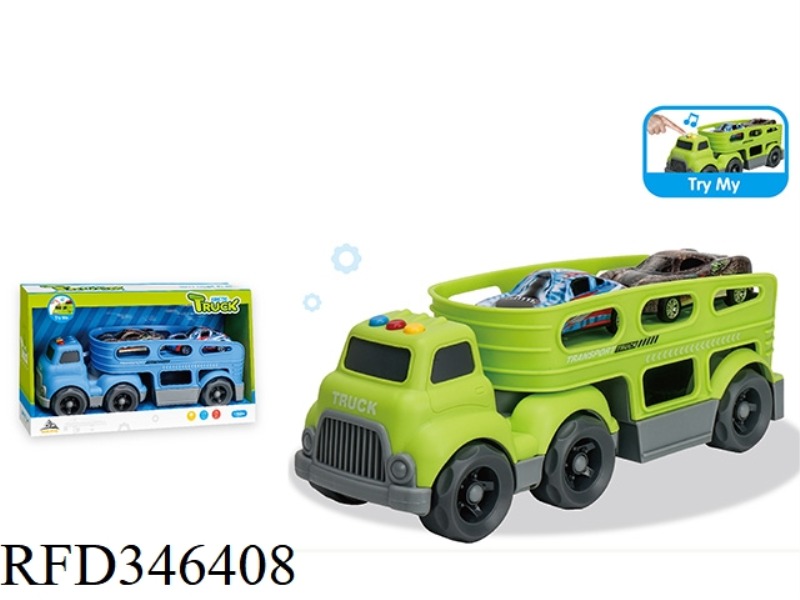 (WITH 2 PULL BACK ALLOY CARS) LIGHT AND MUSIC-SLIDING CARTOON TRACTOR TRANSPORTER