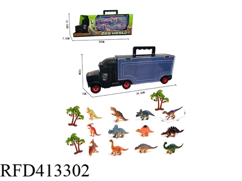 360MM PORTABLE GIFT BOX CONTAINER SLIDING TRACTOR WITH 12 DINOSAURS + 3 TREES