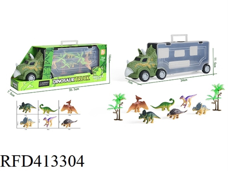 TRICERATOPS PORTABLE GIFT BOX CONTAINER SLIDING TRACTOR CAR 6 SMALL DINOSAURS + 2 TREES