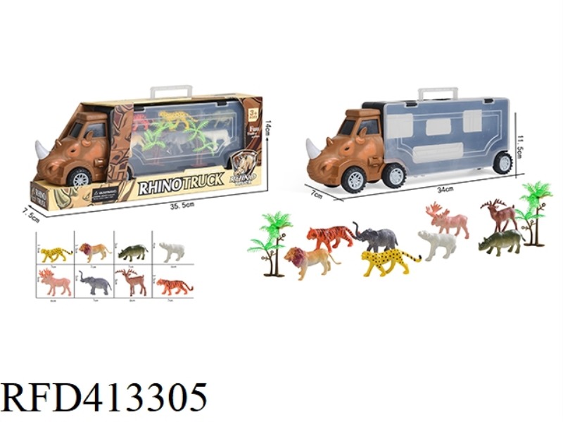 RHINO PORTABLE GIFT BOX CONTAINER SLIDING TRACTOR CAR 6 ANIMALS + 2 TREES