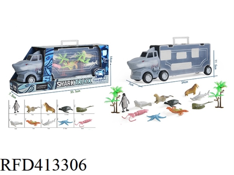 SHARK PORTABLE GIFT BOX CONTAINER SLIDING TRACTOR CAR 6 MARINE ANIMALS + 2 TREES