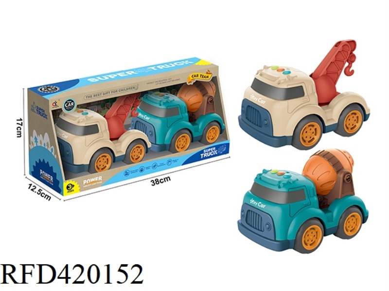 CARTOON SLIDING ENGINEERING VEHICLE WITH LIGHT AND MUSIC (CRANE + MIXER TRUCK)