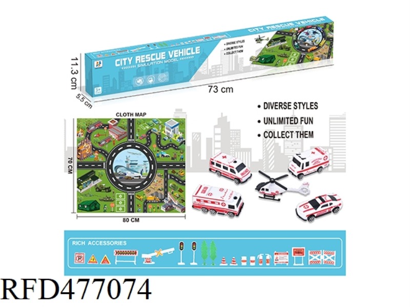 CITY SLIDING AMBULANCE SET + NON-WOVEN MAP WITH ROAD SIGNS