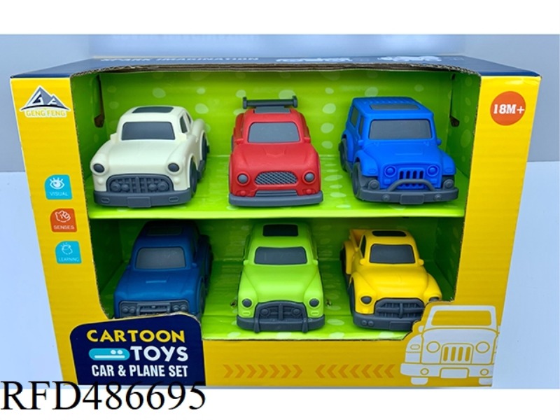 6 CARTOON COASTING CARS (6 MODELS WITH 2 COLORS RANDOMLY MIXED)