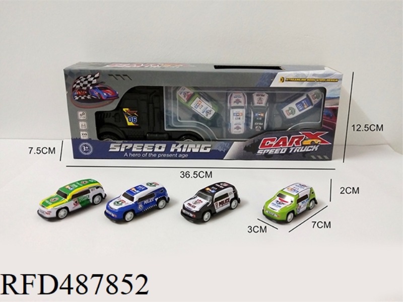 FOUR TIN POLICE CARS IN A CARGO TRUCK