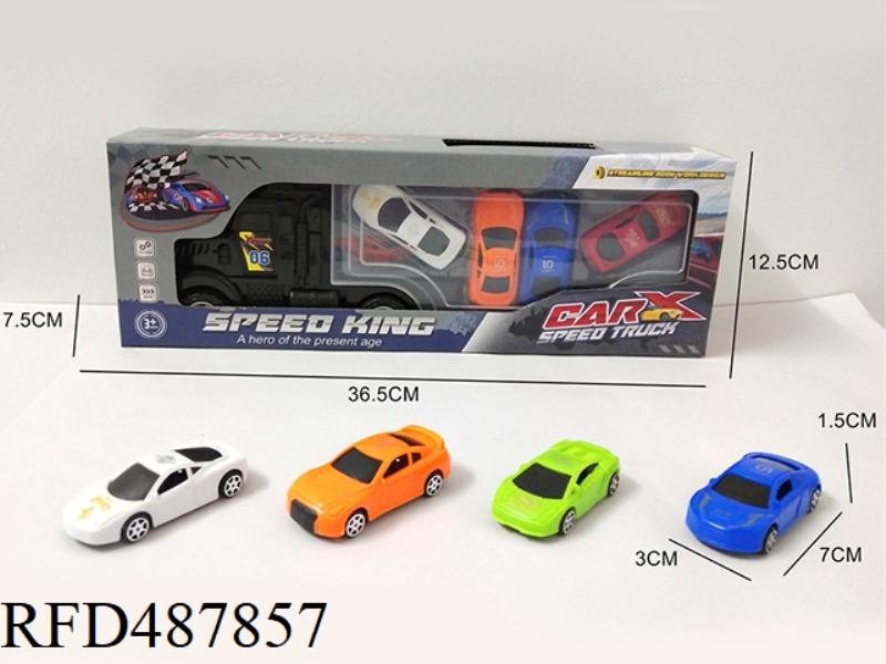 FOUR SOLID COLORED CARS IN THE CARGO TRUCK