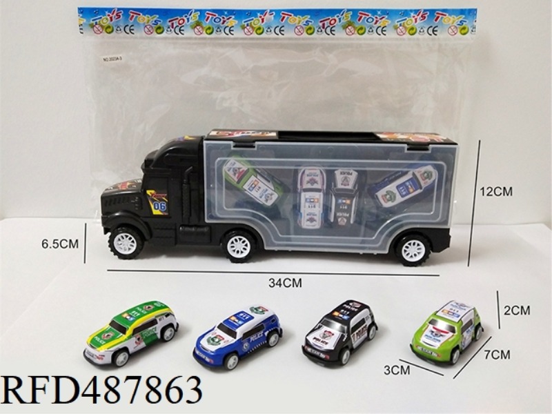 FOUR TIN POLICE CARS IN A CARGO TRUCK