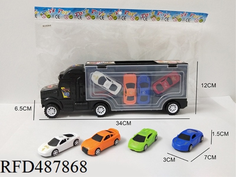 FOUR SOLID COLORED CARS IN THE CARGO TRUCK