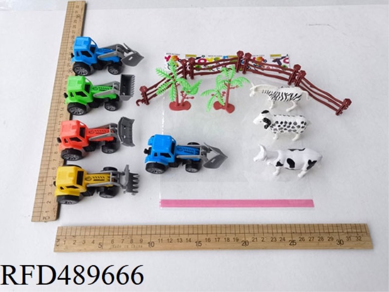 SLIDING FARMER'S CAR WITH ANIMAL GUARDRAIL TREES