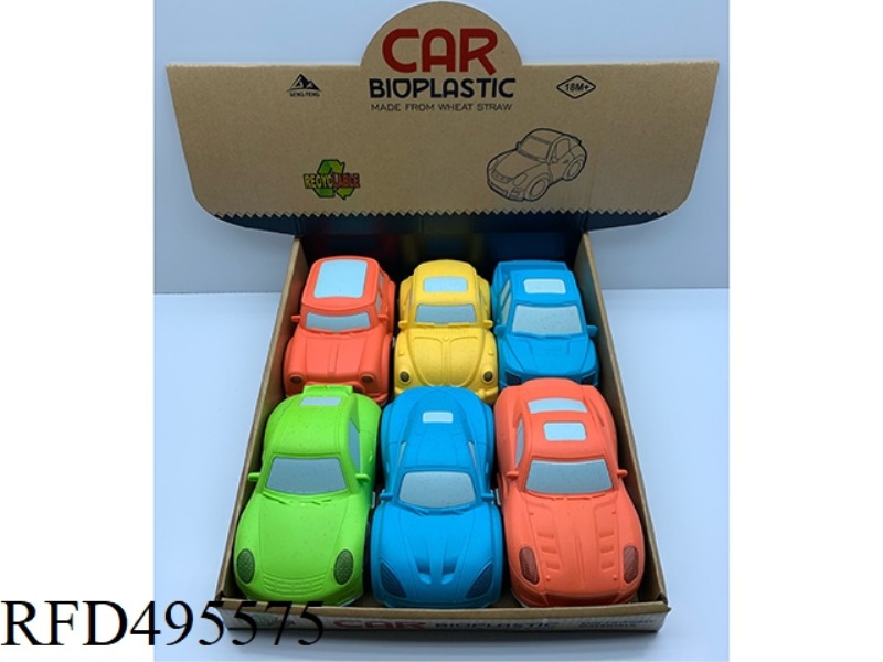 WHEAT STRAW MATERIAL -6 DISPLAY BOX SLIDING CARTOON CAR (6 MODELS AND 4 COLORS RANDOM MIXED)