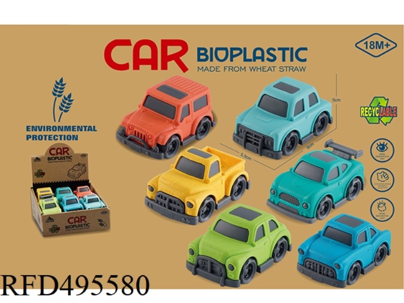 WHEAT STRAW MATERIAL -12 DISPLAY BOX SLIDING CARTOON CAR (6 MODELS WITH 2 COLORS MIXED)