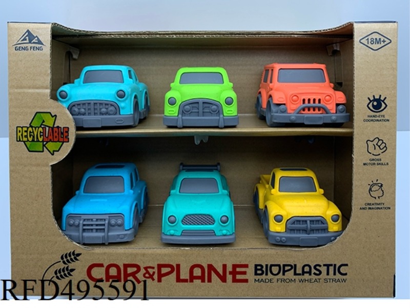 WHEAT STRAW MATERIAL - SET OF 6 SCOOTING CARTOON CARS (6 MODELS WITH 2 COLORS RANDOMLY MIXED)