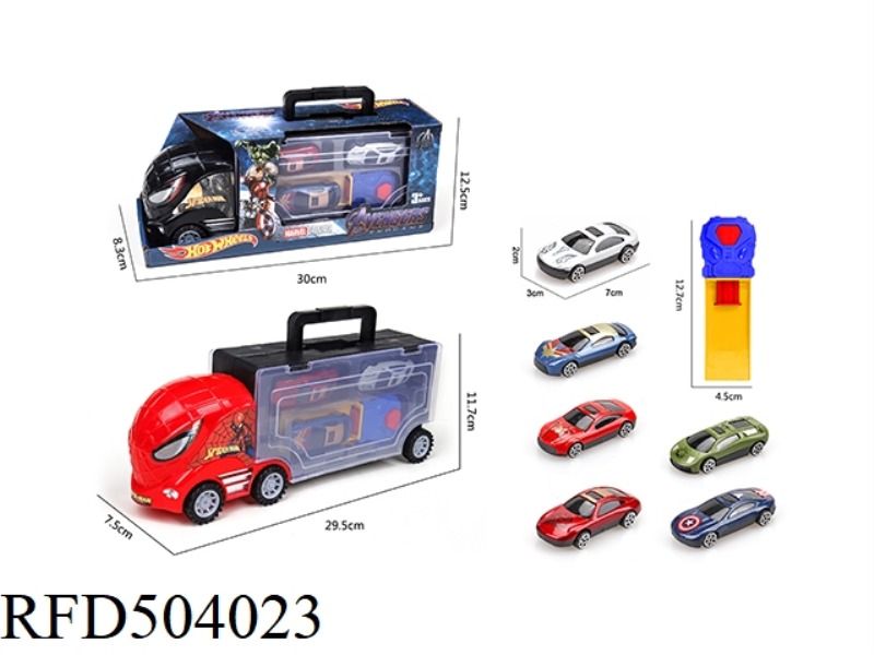 PORTABLE GIFT BOX CONTAINER SLIDING TRACTOR VEHICLE WITH 3 SLIDING ALLOY AVENGERS CAR +1 CATAPULT