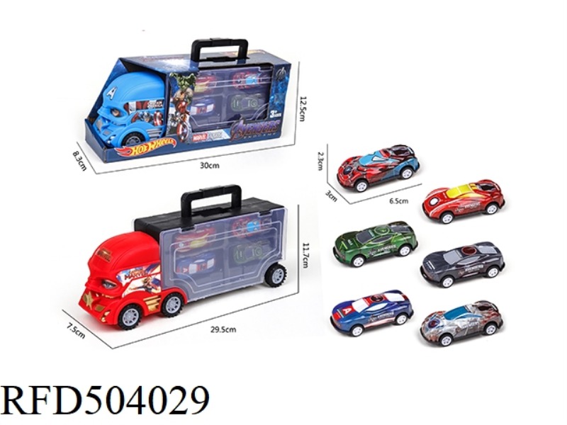 PORTABLE GIFT BOX CONTAINER SLIDING TRACTOR VEHICLE WITH 4 SLIDING IRON AVENGERS CARS