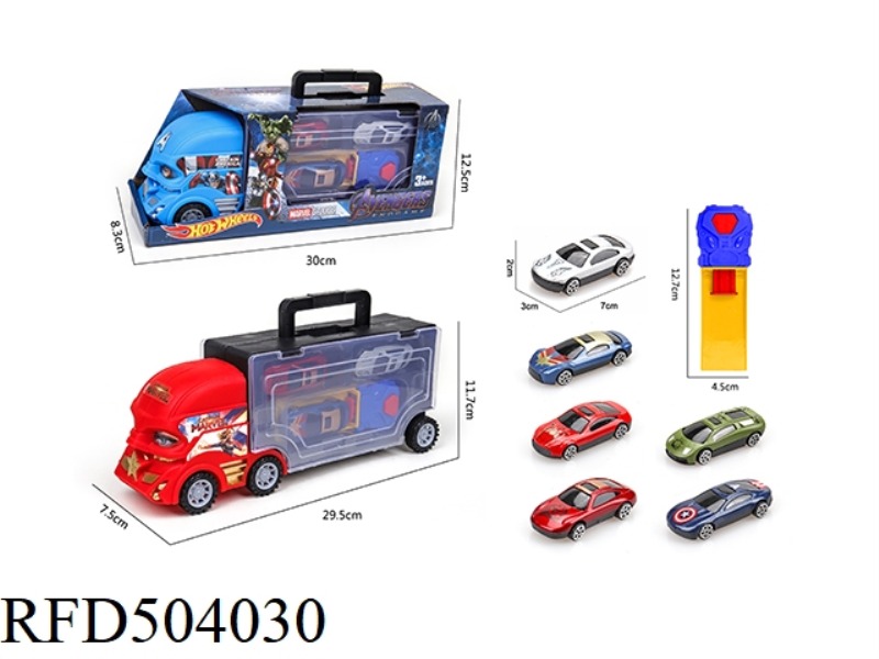 PORTABLE GIFT BOX CONTAINER SLIDING TRACTOR VEHICLE WITH 3 SLIDING ALLOY AVENGERS CAR +1 CATAPULT