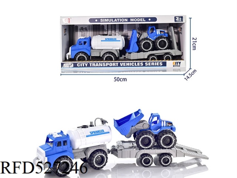 SLIDING BLUE SPRINKLER TOWING FORKLIFT