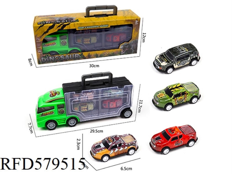 TAXIING CONTAINER WITH 4 PULL-BACK DINOSAUR IRON TRUCK