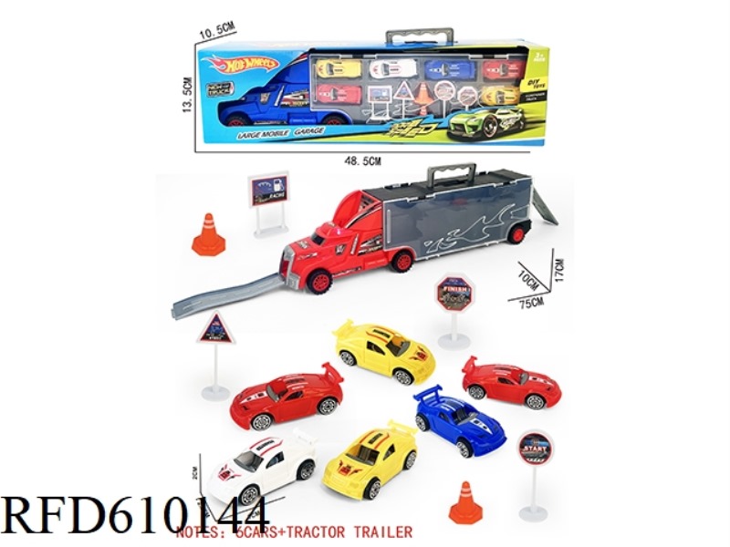 PORTABLE GIFT BOX CONTAINER SLIDING TRACTOR WITH 6 SLIDING PP SPORTS CARS +6 ROAD SIGNS +2 SKATEBOAR