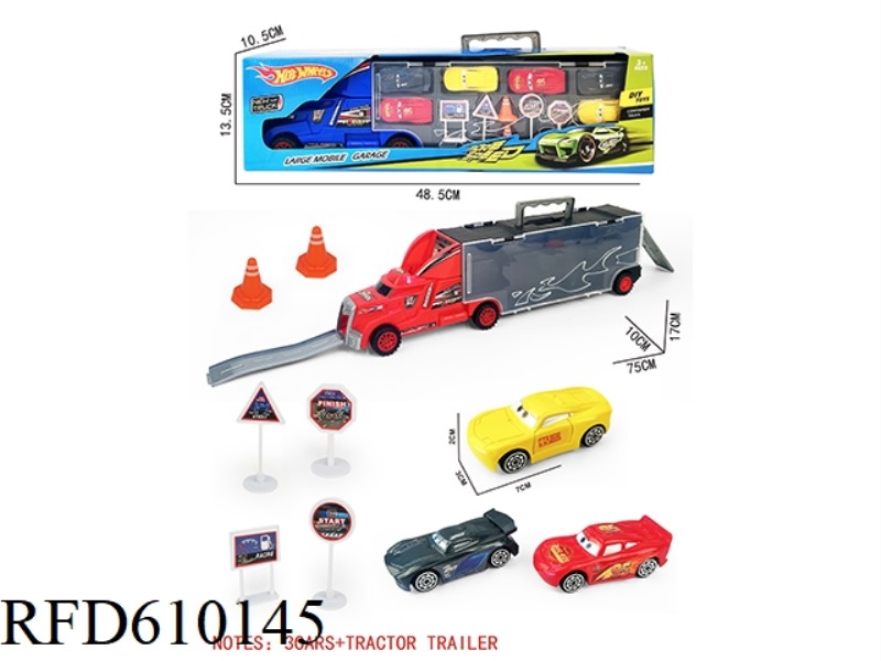 PORTABLE GIFT BOX CONTAINER SLIDING TRACTOR WITH 6 SLIDING AB GENERAL +6 ROAD SIGNS +2 SKATEBOARDS