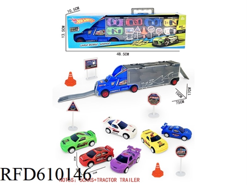 GIFT BOX CONTAINER SLIDING TRACTOR WITH 6 PULL-BACK AB CARS +6 ROAD SIGNS +2 SKATEBOARDS